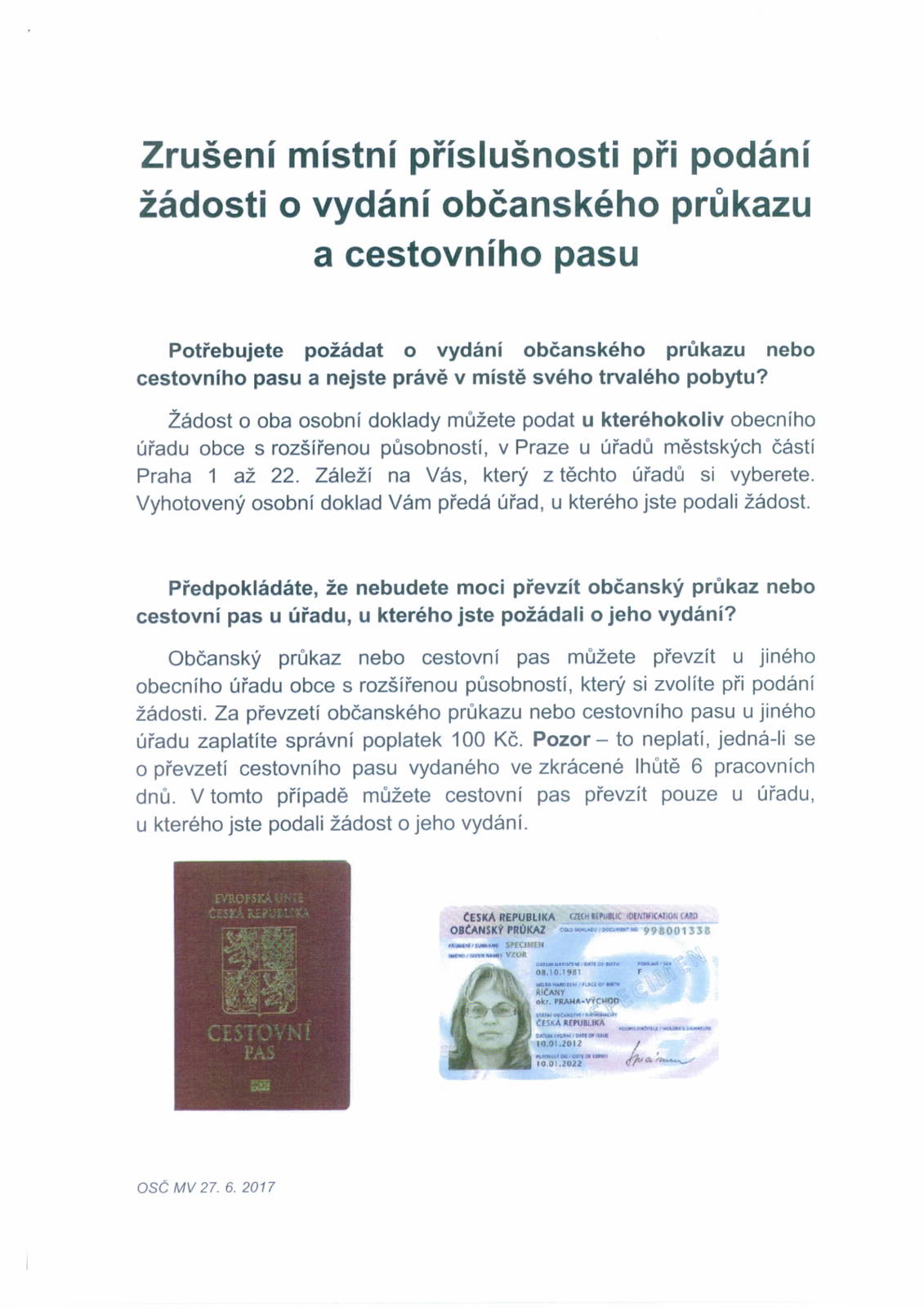 Informace k vydání občanského průkazu a cestovního pasu